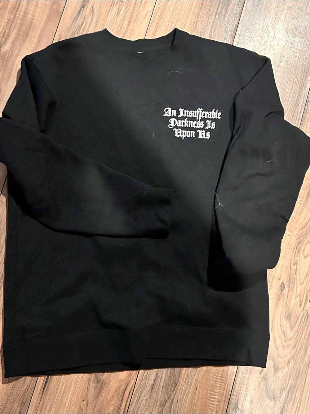 Men's Black Crewneck Sweatshirt with White Gothic Chest Text